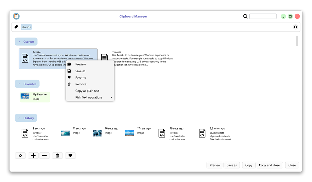 Screenshot of Unify's Clipboard Manager