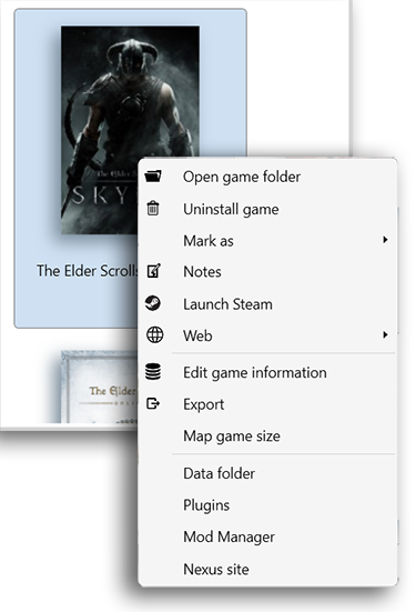 Unify's context menu for games