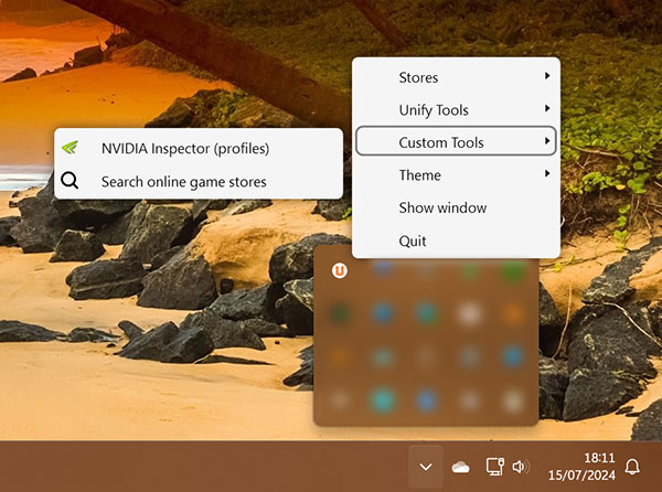 Unify's tray menu